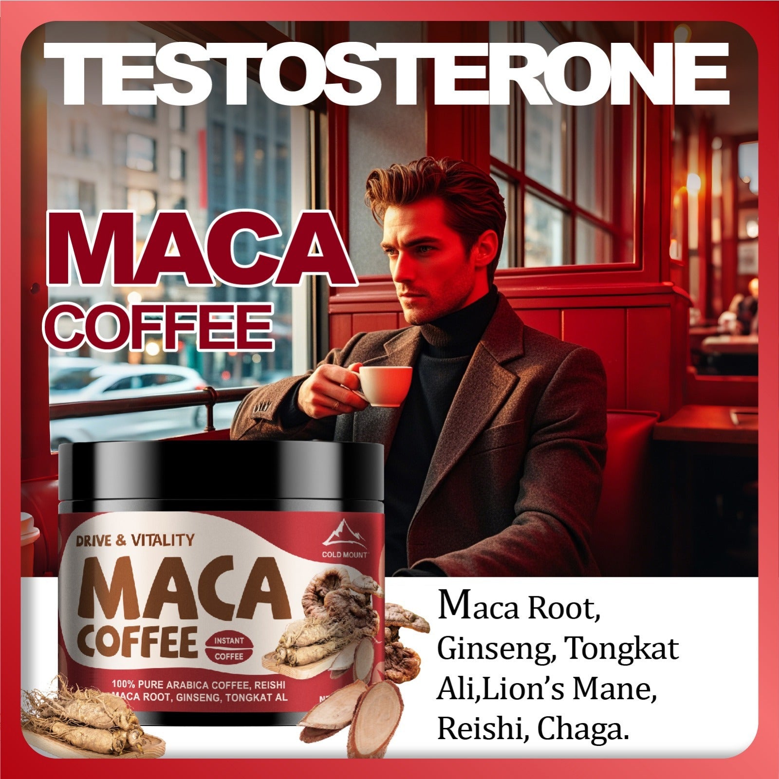 Café de maca Megneta, 100 % ARÁBICA, bajo contenido de cafeína con 6 ingredientes especiales de alta calidad: raíz de maca, ginseng, tongkat ali, melena de león, reishi, chaga | Textura suave y audaz, energía y testosterona