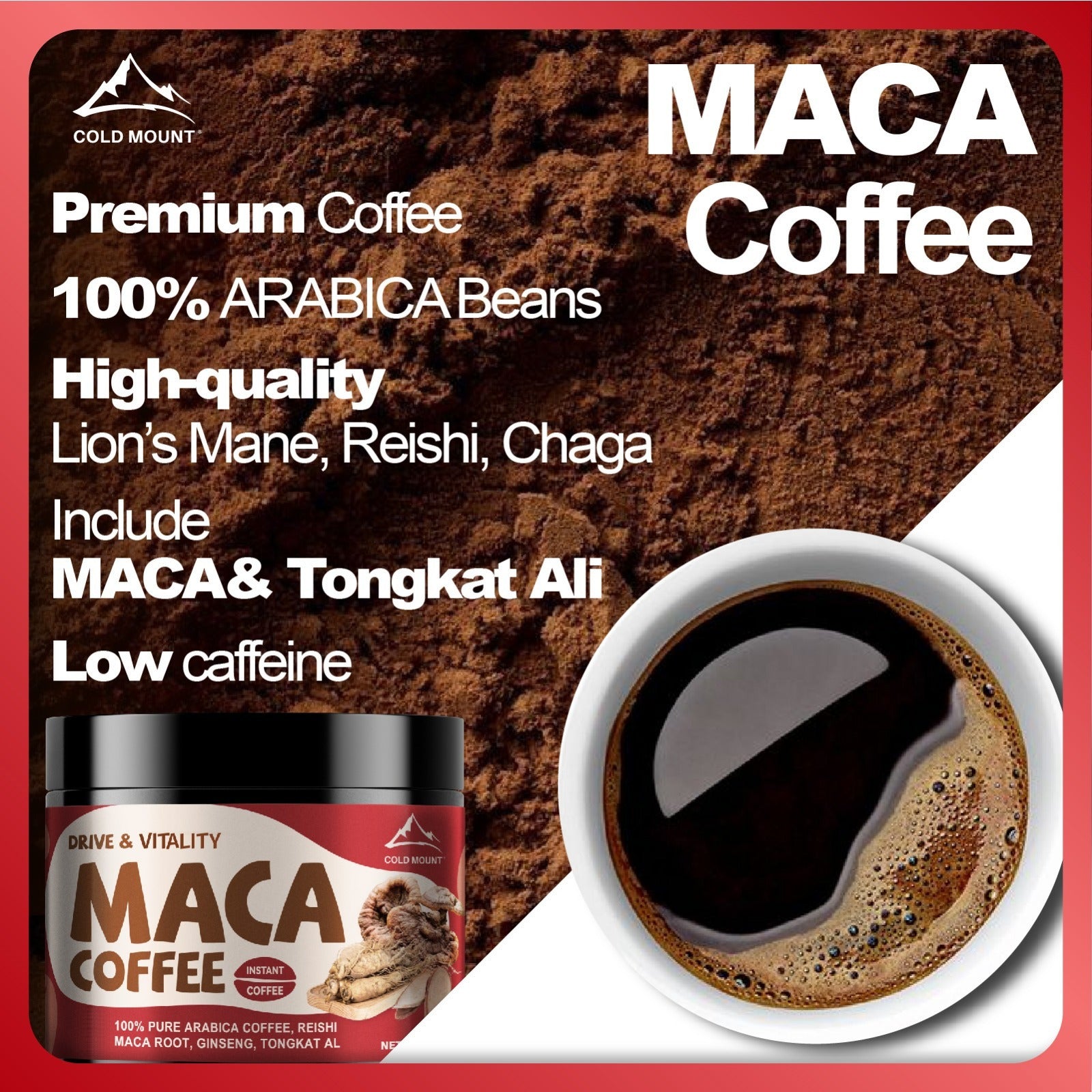 Megneta Maca Coffee, 100% ARABICA, Low Caffeine with 6 High-Quality Specials: Maca Root, Ginseng, Tongkat Ali, Lion's Mane, Reishi, Chaga | Bolded And Smooth Texture, Drive And Testosterone