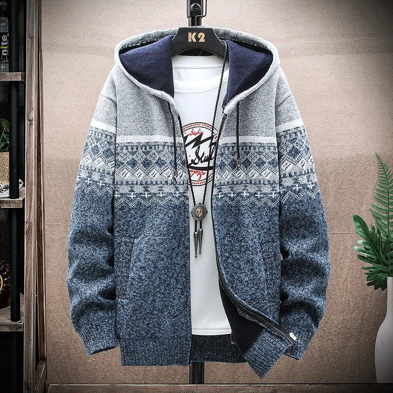 Men's New Winter Plaid Sweater Hooded Cardigan Cold Coat Wool Zipper Jacket Autumn Fleece Warm Clothes Checkered Knit Jumper