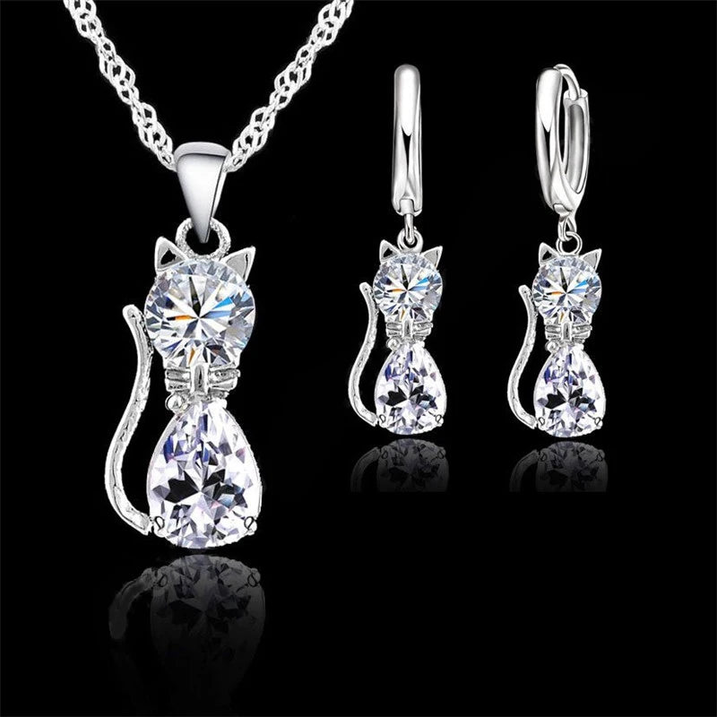 Conjuntos de joyas de color plata esterlina 925 auténtica para mujeres y niñas, collar con colgante de gato bonito de cristal austriaco brillante, pendientes tipo huggie