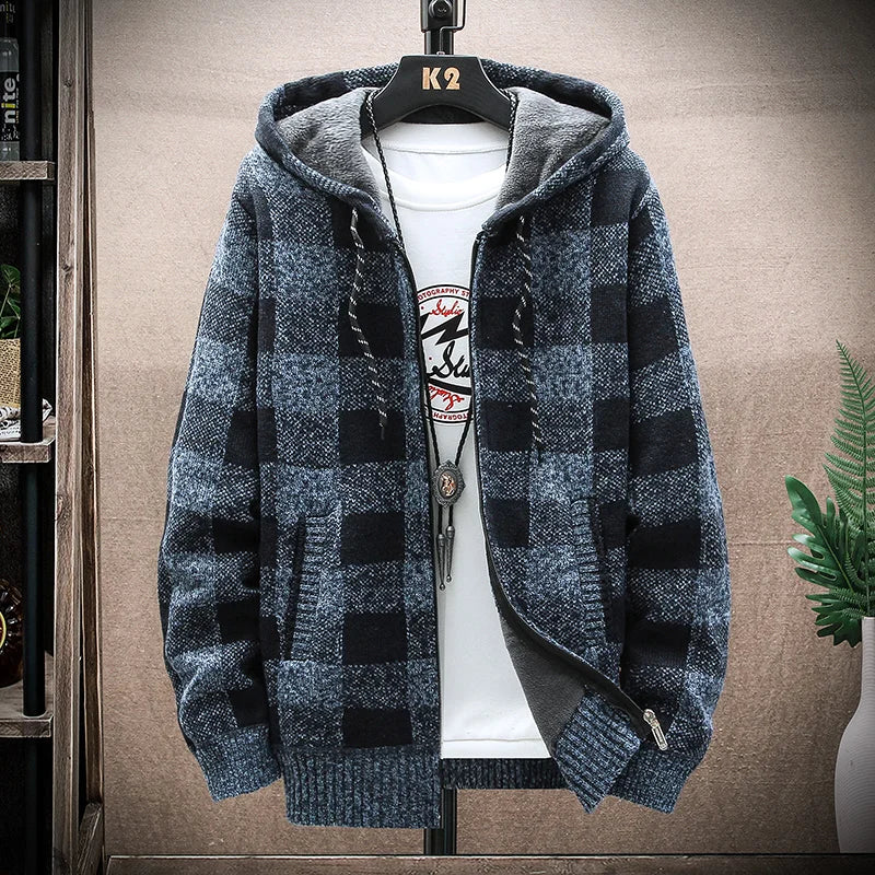 Men's New Winter Plaid Sweater Hooded Cardigan Cold Coat Wool Zipper Jacket Autumn Fleece Warm Clothes Checkered Knit Jumper