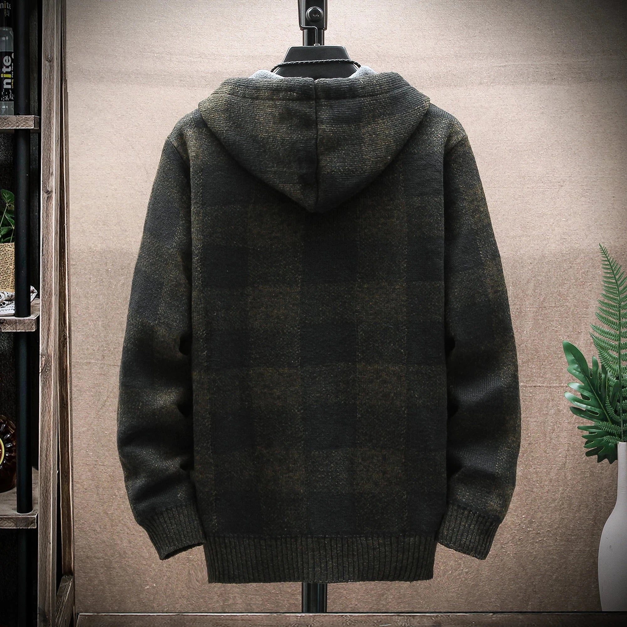 Men's New Winter Plaid Sweater Hooded Cardigan Cold Coat Wool Zipper Jacket Autumn Fleece Warm Clothes Checkered Knit Jumper