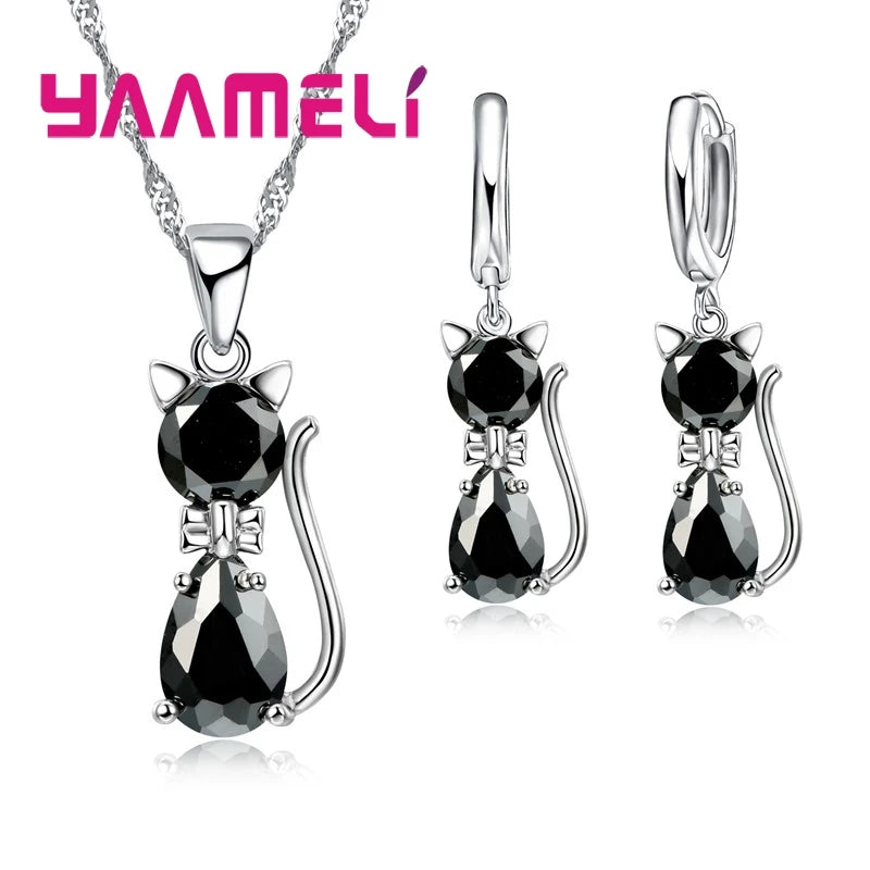 Conjuntos de joyas de color plata esterlina 925 auténtica para mujeres y niñas, collar con colgante de gato bonito de cristal austriaco brillante, pendientes tipo huggie