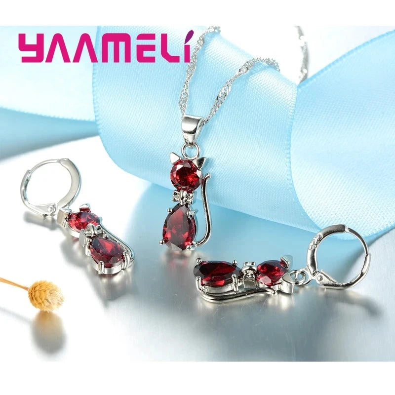 Conjuntos de joyas de color plata esterlina 925 auténtica para mujeres y niñas, collar con colgante de gato bonito de cristal austriaco brillante, pendientes tipo huggie