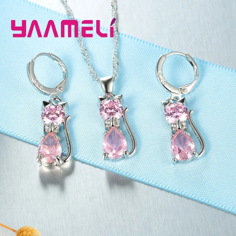 Conjuntos de joyas de color plata esterlina 925 auténtica para mujeres y niñas, collar con colgante de gato bonito de cristal austriaco brillante, pendientes tipo huggie