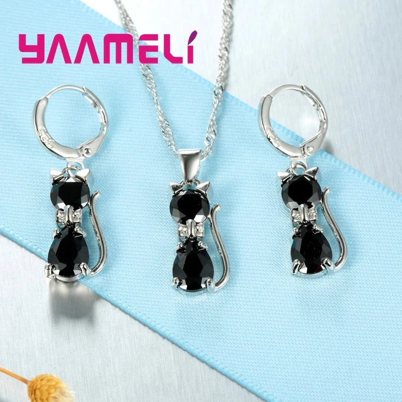 Conjuntos de joyas de color plata esterlina 925 auténtica para mujeres y niñas, collar con colgante de gato bonito de cristal austriaco brillante, pendientes tipo huggie