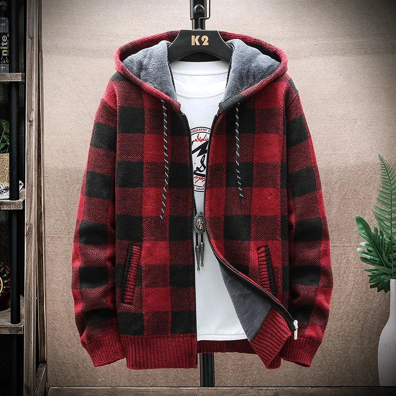 Men's New Winter Plaid Sweater Hooded Cardigan Cold Coat Wool Zipper Jacket Autumn Fleece Warm Clothes Checkered Knit Jumper