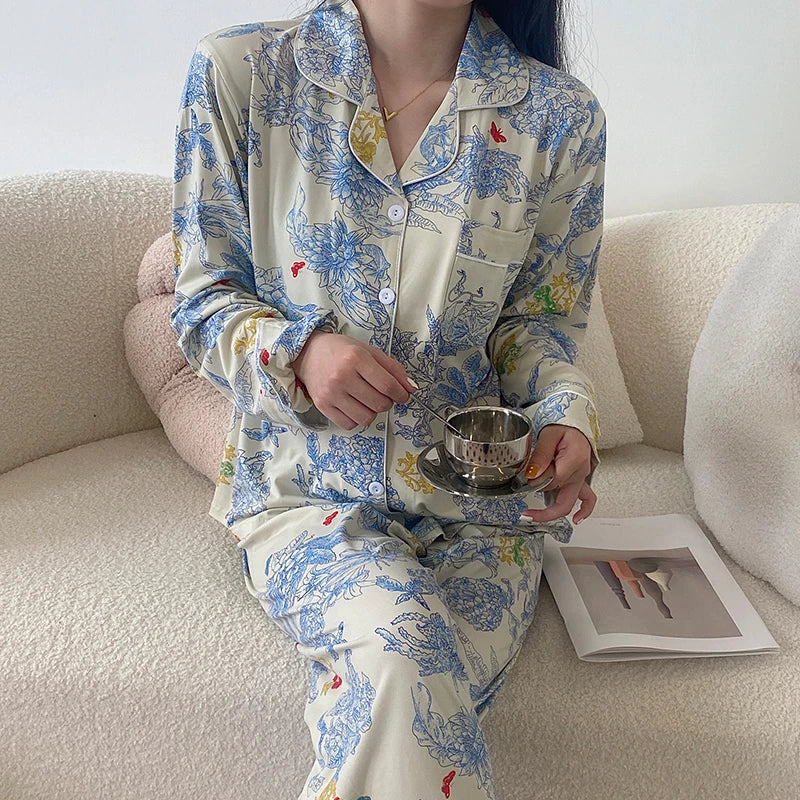 2023 Autumn New Ice Silk Women Pajama Lapel Button Cardigan Outfits for Women 2 Piece Set Fashion Printing Set Clothes for Women