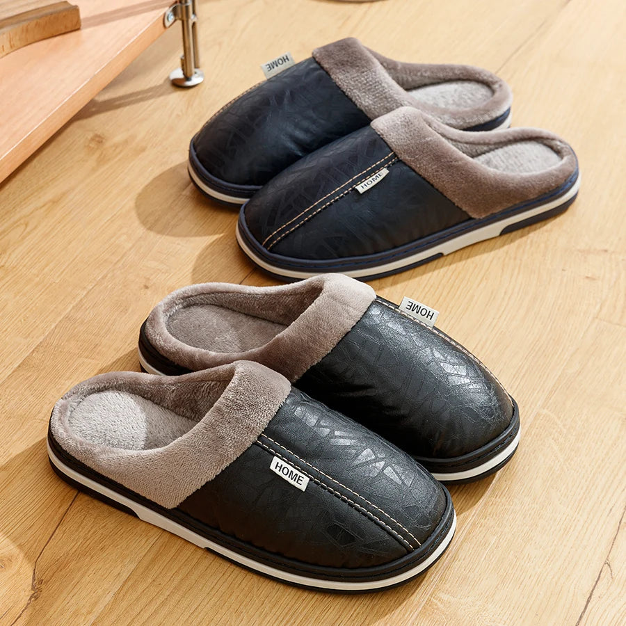 Zapatillas de casa informales de invierno de gran tamaño para hombre, zapatos de interior de piel sintética impermeables, planos, cálidos, a la moda, para dormitorio