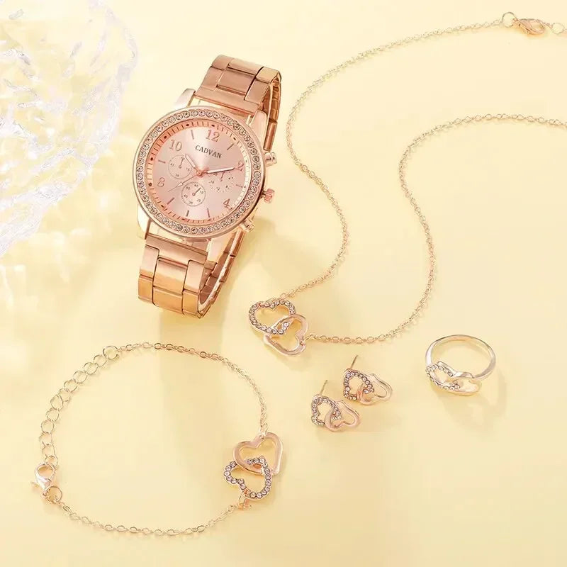 Juego de 6 piezas de relojes de lujo de oro rosa para mujer, anillos, collares, pendientes, diamantes de imitación, relojes de pulsera casuales para mujer