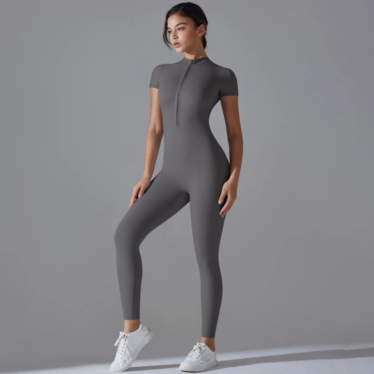 Conjunto de yoga para mujer, mono de una pieza con cremallera, manga corta, ropa de entrenamiento para gimnasio, traje de fitness, chándal deportivo