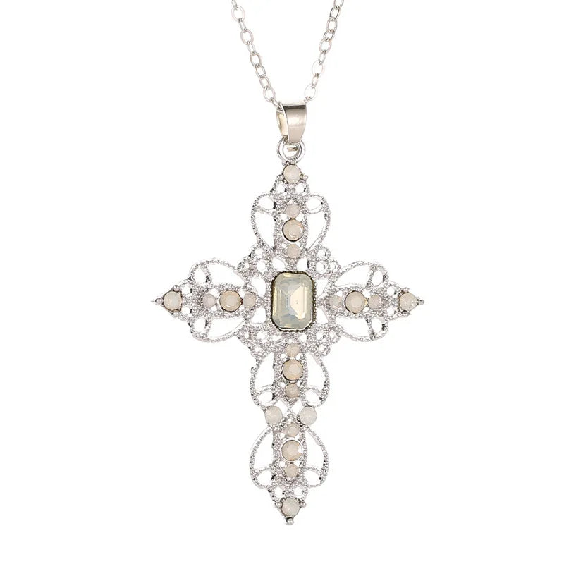 Y2K Punk Crystal Big Cross Pendant Necklaces for Women Men Gothic Irregular Cross Clavicle Chain Necklaces Aesthetic Jewelry