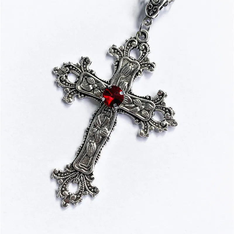 Y2K Punk Crystal Big Cross Pendant Necklaces for Women Men Gothic Irregular Cross Clavicle Chain Necklaces Aesthetic Jewelry