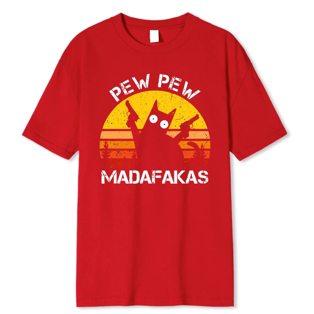 Camisetas de algodón de verano para hombre con estampado de gato con dos pistolas de Pew Pew Madafakas, ropa holgada y transpirable, camisetas de estilo hip hop para la calle