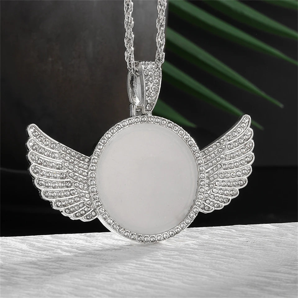 Htpwe Angel Wings Mirror Photo Memorial Pendant Inlaid with Ice Crystal Zirconia Necklace Couple Trendy Jewelry Birthday Gift