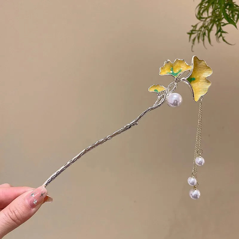 Elegant Chinese Style Hair Accessory Romantic Enameled Flower Tassel Hair Clip Alloy Jewelry Hairpin For Women Fashion Hairpin