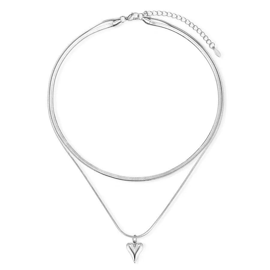 Double Layered Love Heart Pendant Necklace for Women Simple Neck Chain Jewelry