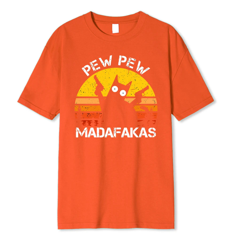 Camisetas de algodón de verano para hombre con estampado de gato con dos pistolas de Pew Pew Madafakas, ropa holgada y transpirable, camisetas de estilo hip hop para la calle