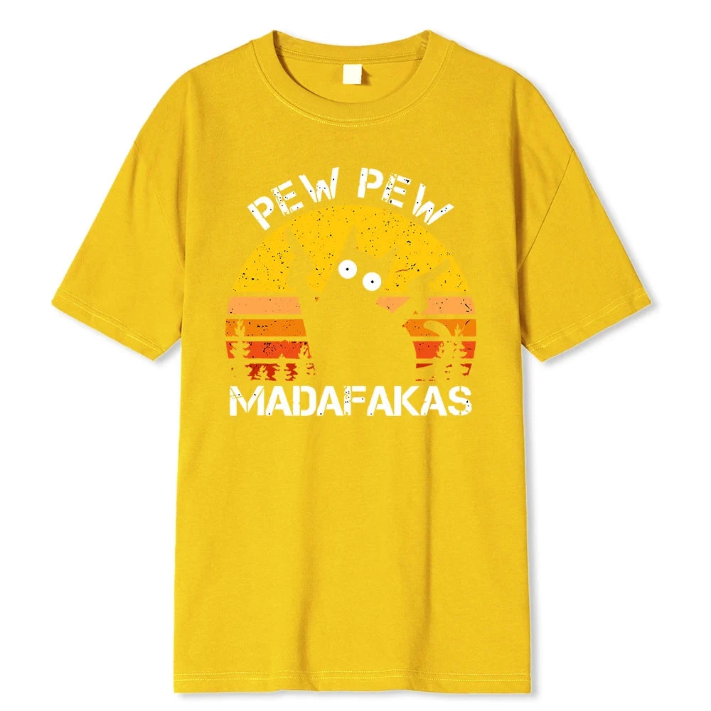 Camisetas de algodón de verano para hombre con estampado de gato con dos pistolas de Pew Pew Madafakas, ropa holgada y transpirable, camisetas de estilo hip hop para la calle