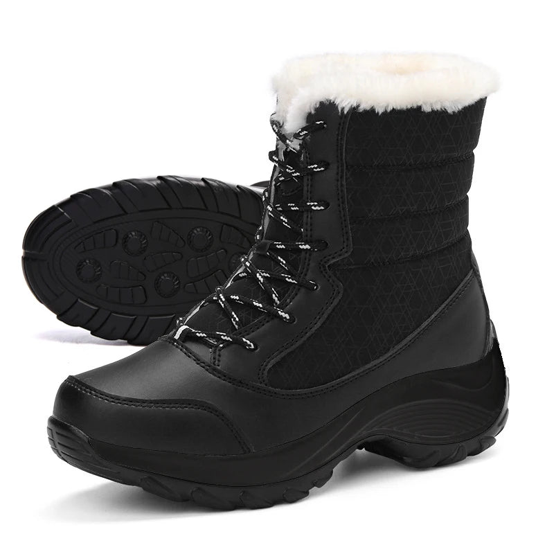 Botas de nieve para mujer, botas de plataforma, zapatos de invierno antideslizantes para mujer, botines cálidos de piel para mujer, botas altas hasta el muslo impermeables con cuña