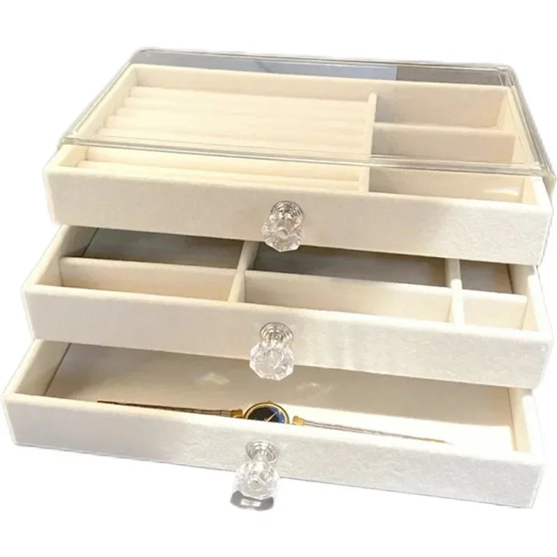 Organizador de joyas de terciopelo acrílico con 3 cajones, apilable, para guardar aretes, collares y pulseras, caja para mujer