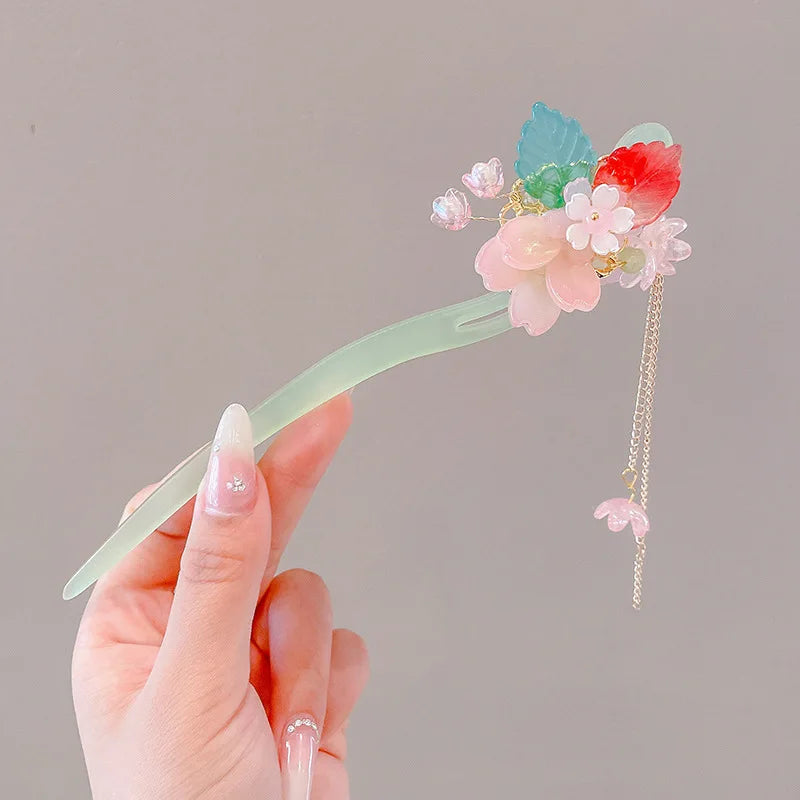 Elegant Chinese Style Hair Accessory Romantic Enameled Flower Tassel Hair Clip Alloy Jewelry Hairpin For Women Fashion Hairpin