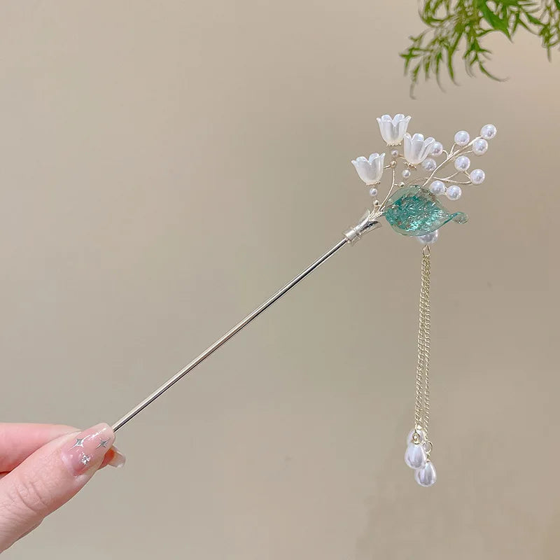 Elegant Chinese Style Hair Accessory Romantic Enameled Flower Tassel Hair Clip Alloy Jewelry Hairpin For Women Fashion Hairpin