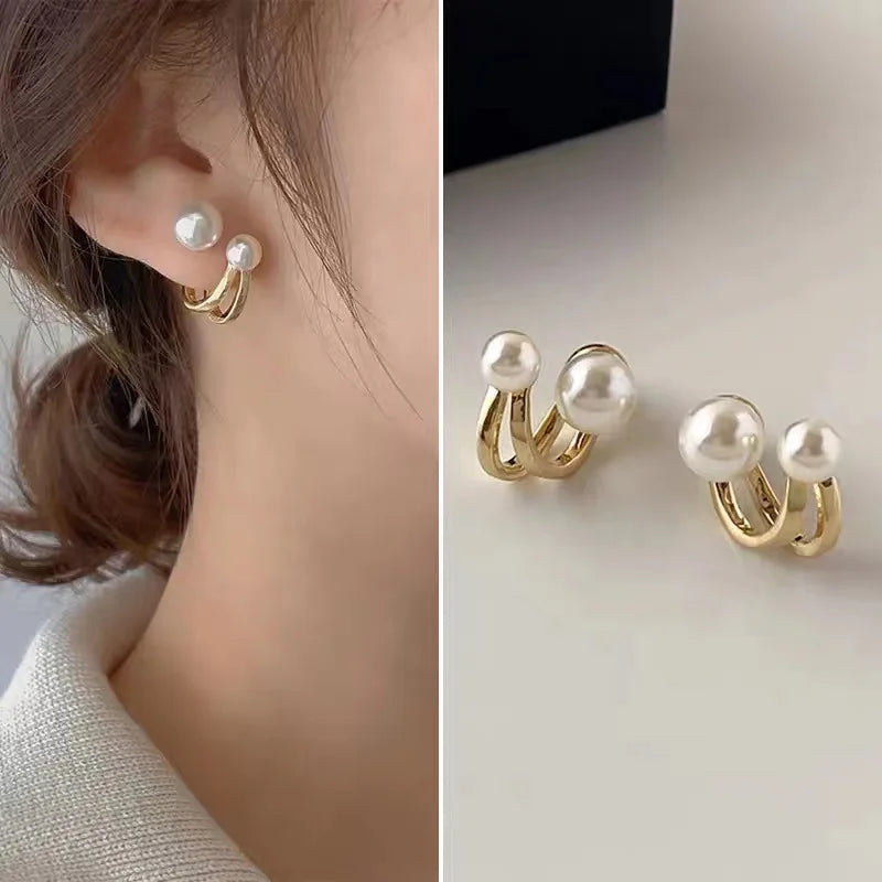 Korean Simple Irregular Design Pearl Stud Earrings for Women Fashion Geometric Gold Color Metal Earrings Trend Party Jewelry Gif