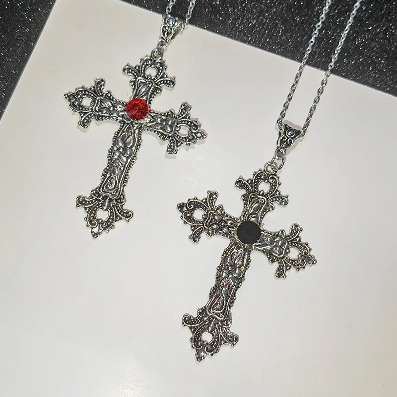 Y2K Punk Crystal Big Cross Pendant Necklaces for Women Men Gothic Irregular Cross Clavicle Chain Necklaces Aesthetic Jewelry