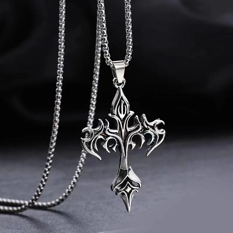 Stainless Steel Necklace Flame Retro Cross Titanium Steel Casting Men Pendant Necklace Type