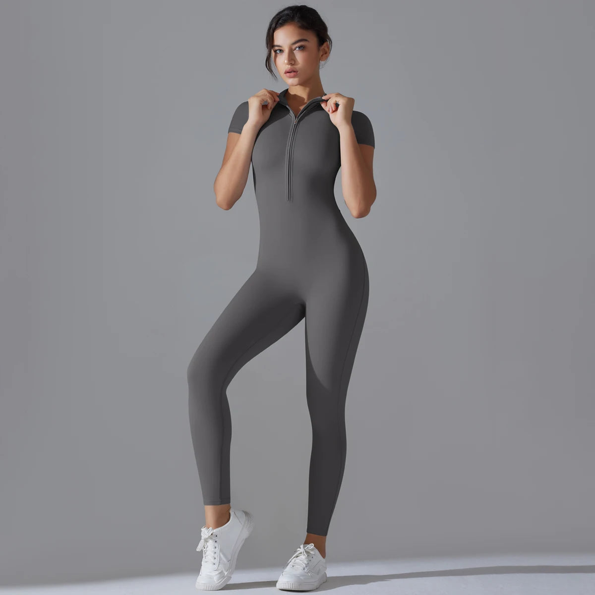 Conjunto de yoga para mujer, mono de una pieza con cremallera, manga corta, ropa de entrenamiento para gimnasio, traje de fitness, chándal deportivo