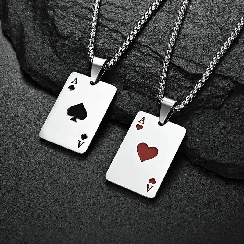 Men Statement Lucky Ace of Spades Pendant Necklace Red Heart Poker Ace Stainless Steel Long Chain Power Luck Triumph Jewelry