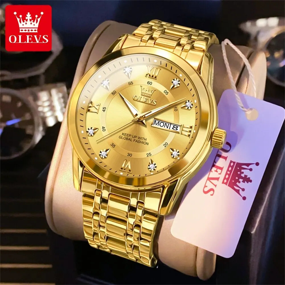 Reloj de cuarzo OLEVS para hombre, reloj de oro con diamantes de lujo, resistente al agua, luminoso, de acero inoxidable, reloj de cuarzo para hombre de negocios, reloj para hombre