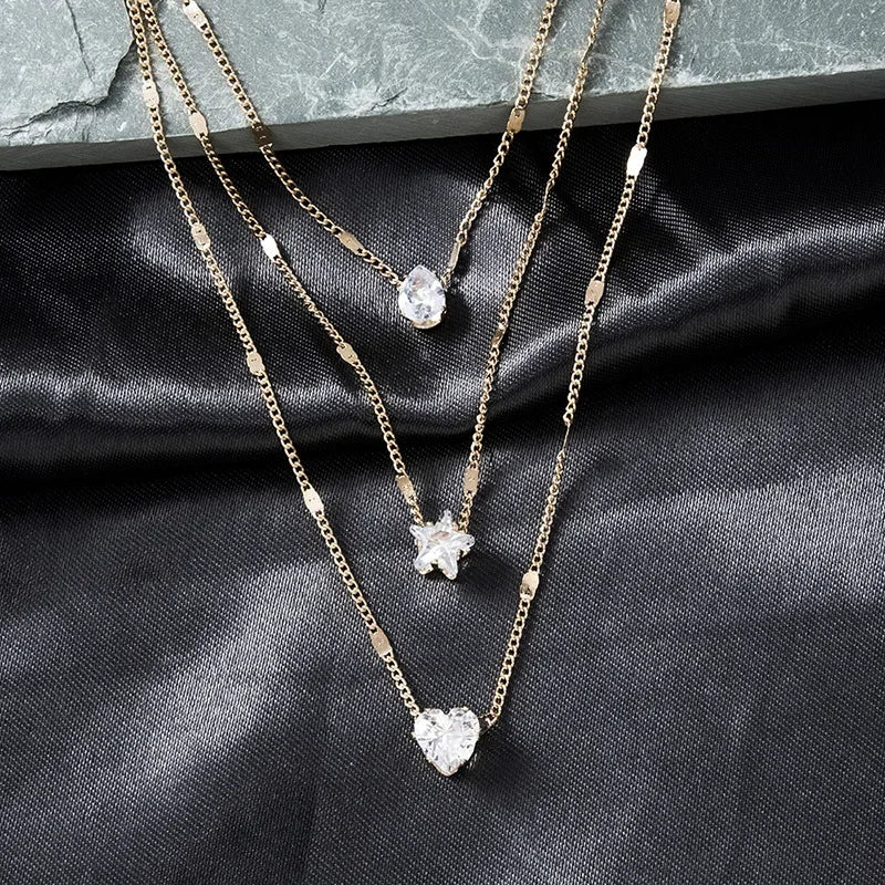 3Pcs/Set Vintage Shiny Rhinestone Love Heart Pendant Necklace for Women Simple Multilayer Thin Chain Choker Bridal Neck Jewelry