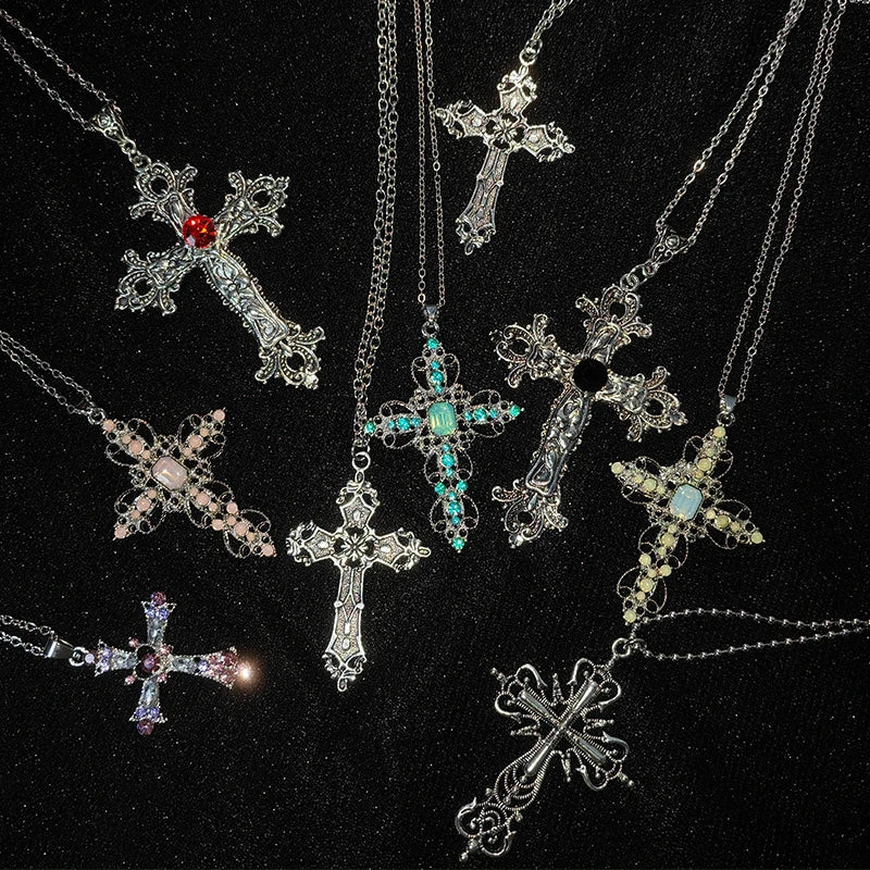 Y2K Punk Crystal Big Cross Pendant Necklaces for Women Men Gothic Irregular Cross Clavicle Chain Necklaces Aesthetic Jewelry