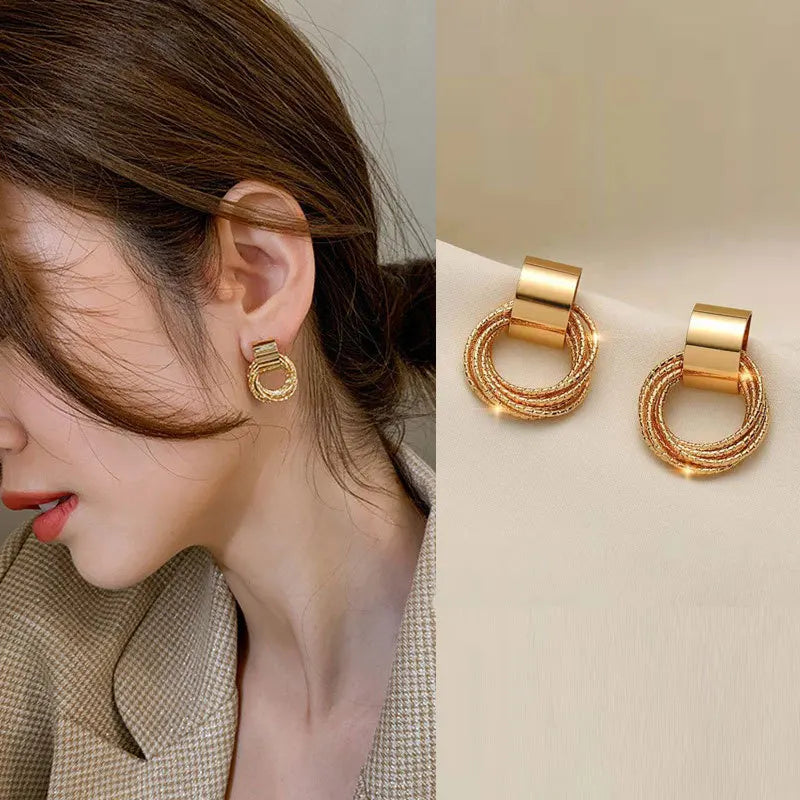 2PC Retro Metal Gold Multi layer Loop Pendant Earrings for Women's Fashion Jewelry Party Daily Wear Matching Accessories-4841