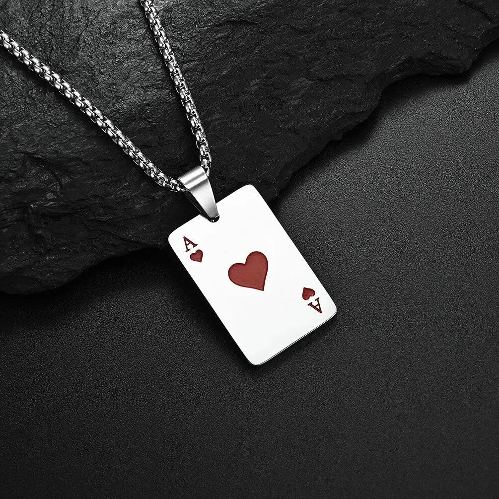 Men Statement Lucky Ace of Spades Pendant Necklace Red Heart Poker Ace Stainless Steel Long Chain Power Luck Triumph Jewelry