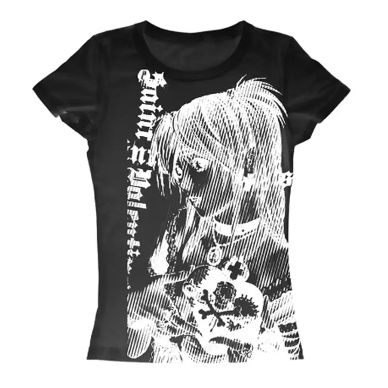 Y2k anime Streetwear-Camiseta con cuello redondo y estampado de texto de los años 90 para mujer, ropa Harajuku, camiseta corta vintage sencilla, camiseta informal estética emo