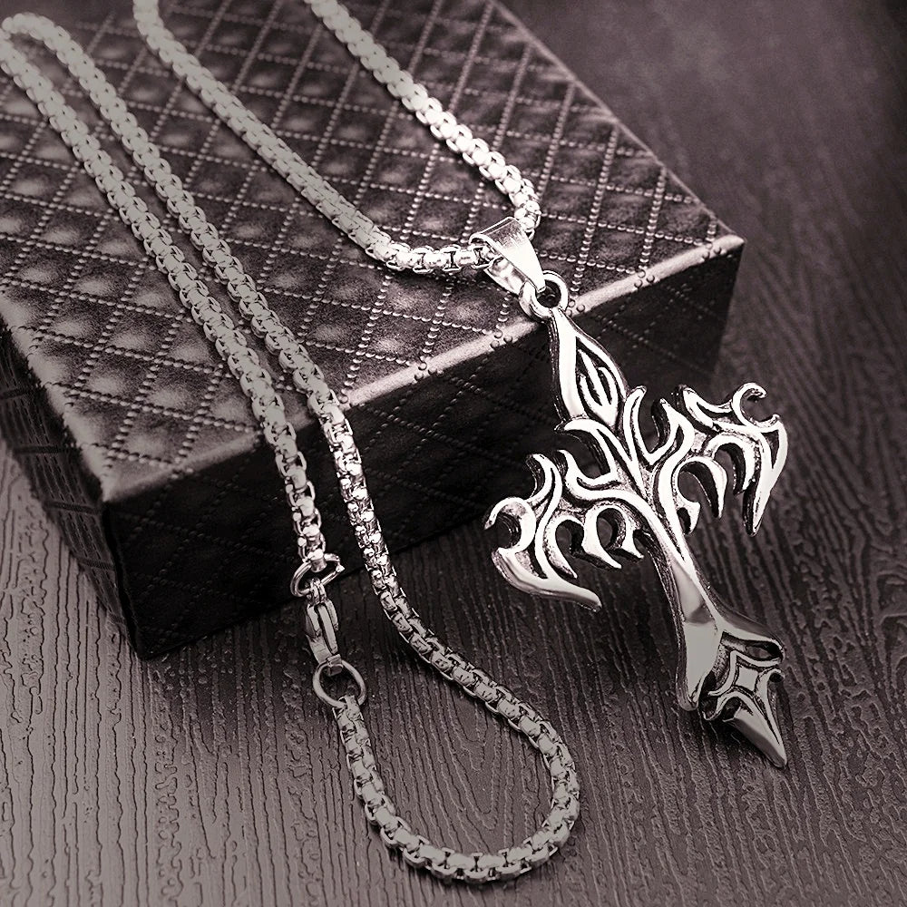 Hip Hop Fashion Jewelry Unique Design Stainless Steel Flame Cross Pendant Necklace Goth Necklaces Gift for Women Men