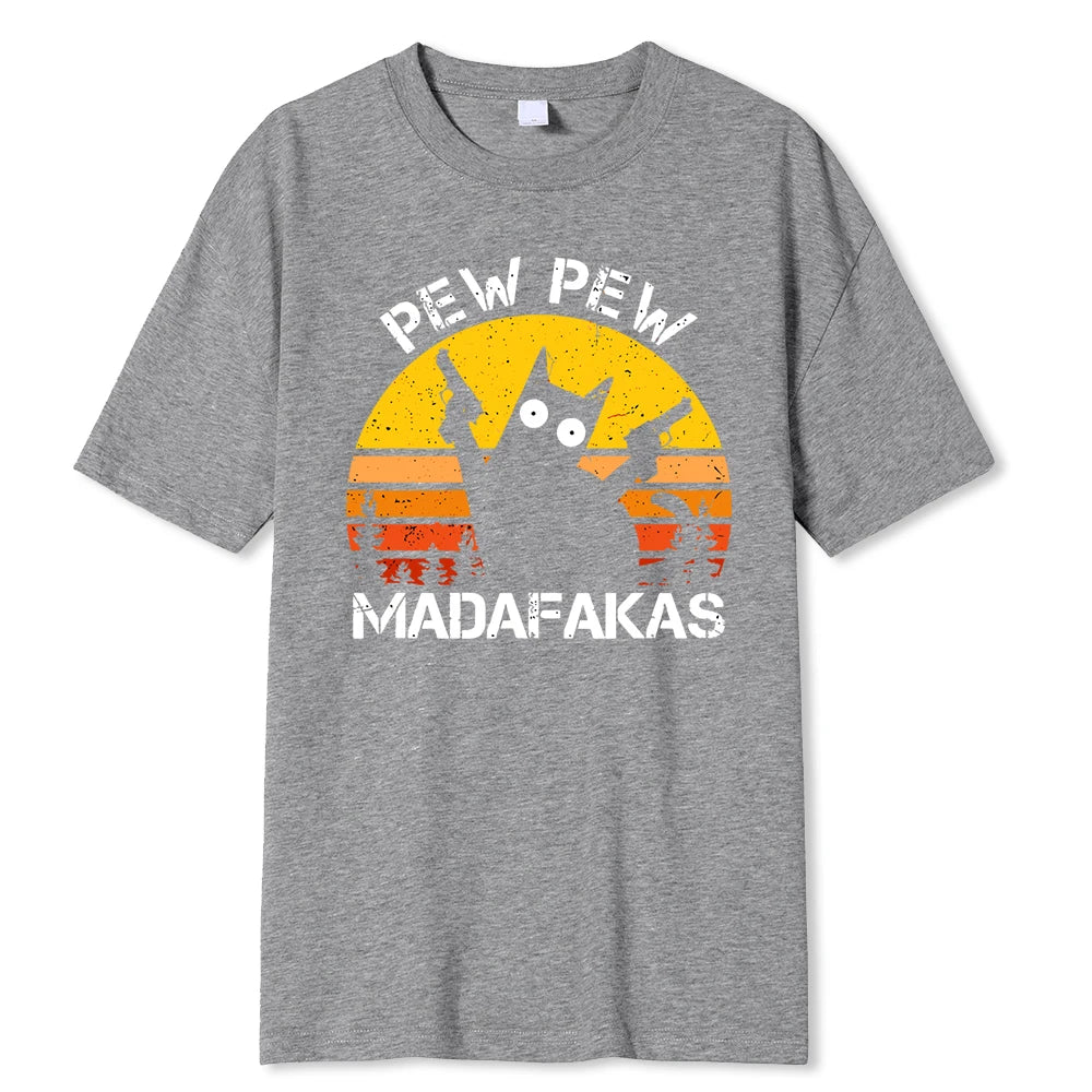 Camisetas de algodón de verano para hombre con estampado de gato con dos pistolas de Pew Pew Madafakas, ropa holgada y transpirable, camisetas de estilo hip hop para la calle