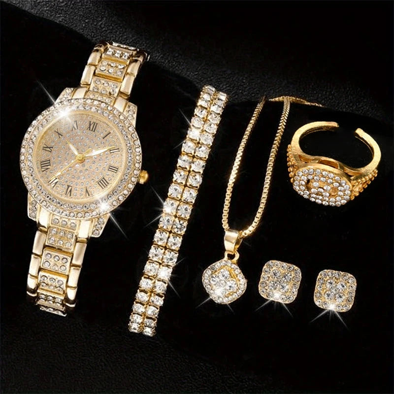 6 piezas de relojes para mujer, de lujo, elegantes, de aleación, de cristal, de pulsera, de cuarzo, de aleación, con diamantes de imitación