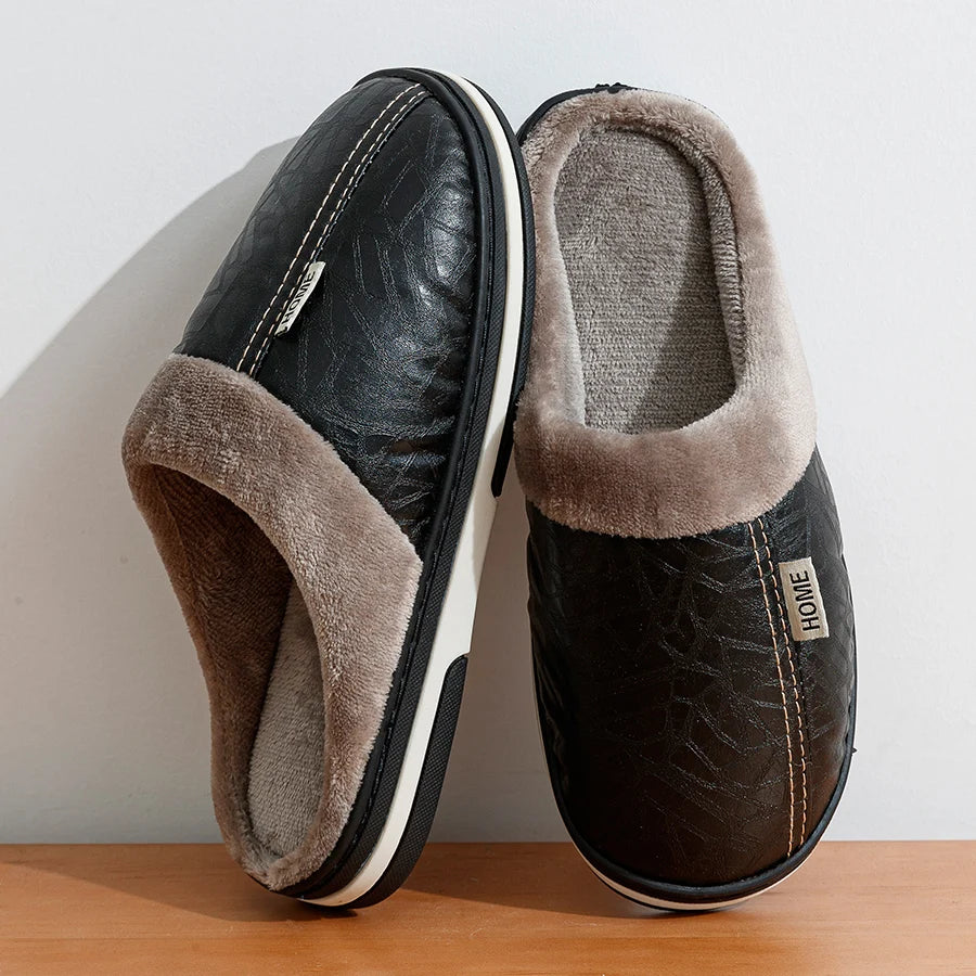 Zapatillas de hombre de invierno de gran tamaño para interior, impermeables, de piel sintética, de talla grande, para el hogar, de algodón, planas, de piel, para dormitorio