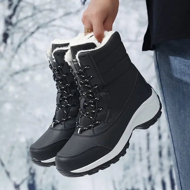 Botas de nieve para mujer, botas de plataforma, zapatos de invierno antideslizantes para mujer, botines cálidos de piel para mujer, botas altas hasta el muslo impermeables con cuña