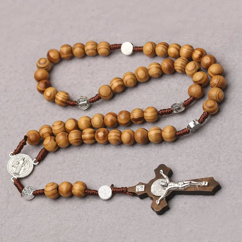 Catholic Wood Beaded Rosary Necklaces For Women Christian INRI Crucifix Cross Pendant Long Chain Men Religion Prayer Jewelry