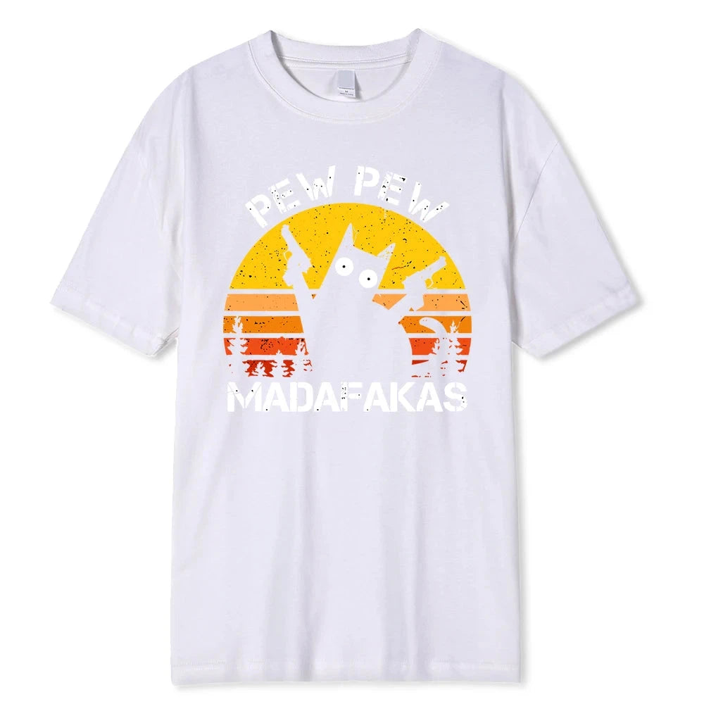 Camisetas de algodón de verano para hombre con estampado de gato con dos pistolas de Pew Pew Madafakas, ropa holgada y transpirable, camisetas de estilo hip hop para la calle