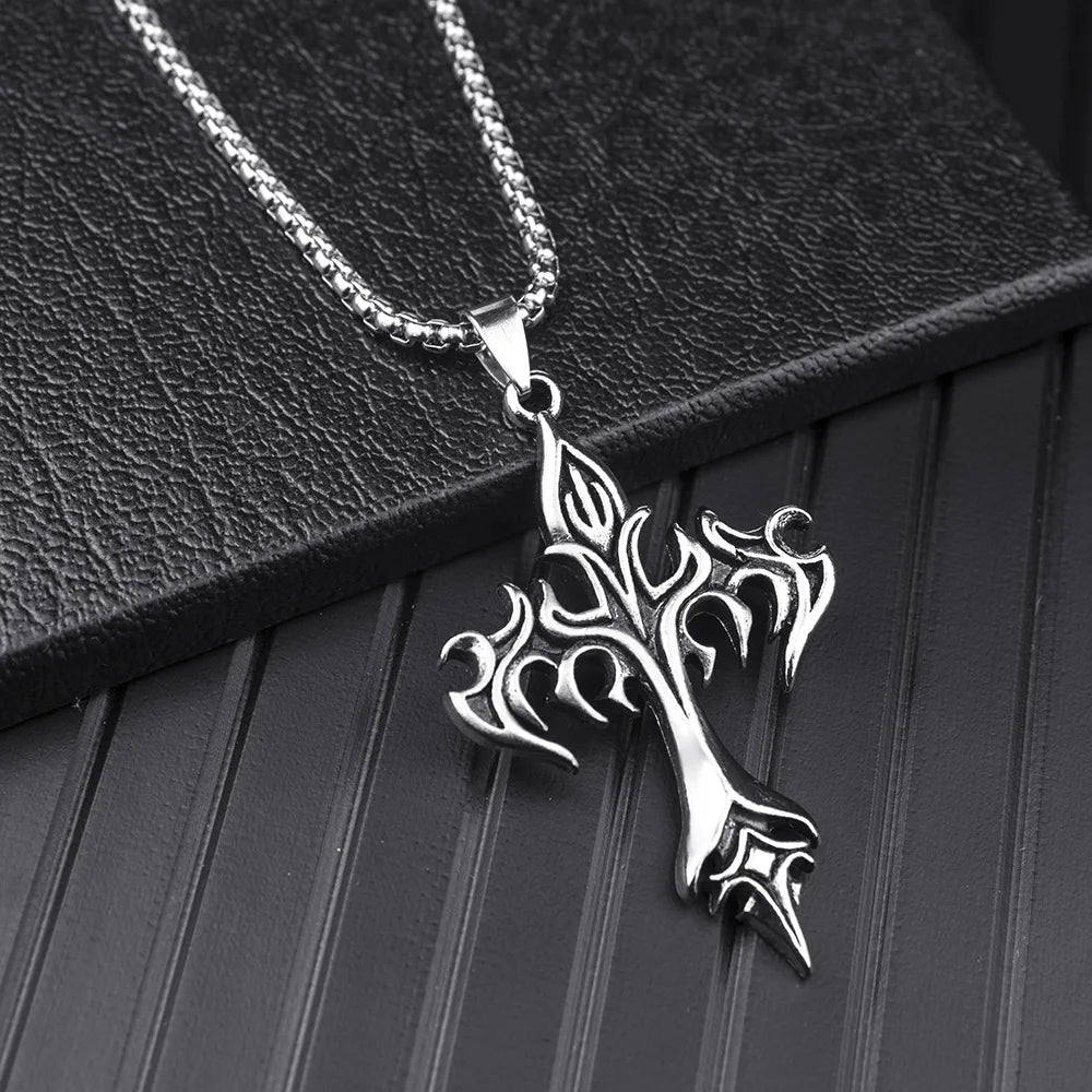 Hip Hop Fashion Jewelry Unique Design Stainless Steel Flame Cross Pendant Necklace Goth Necklaces Gift for Women Men