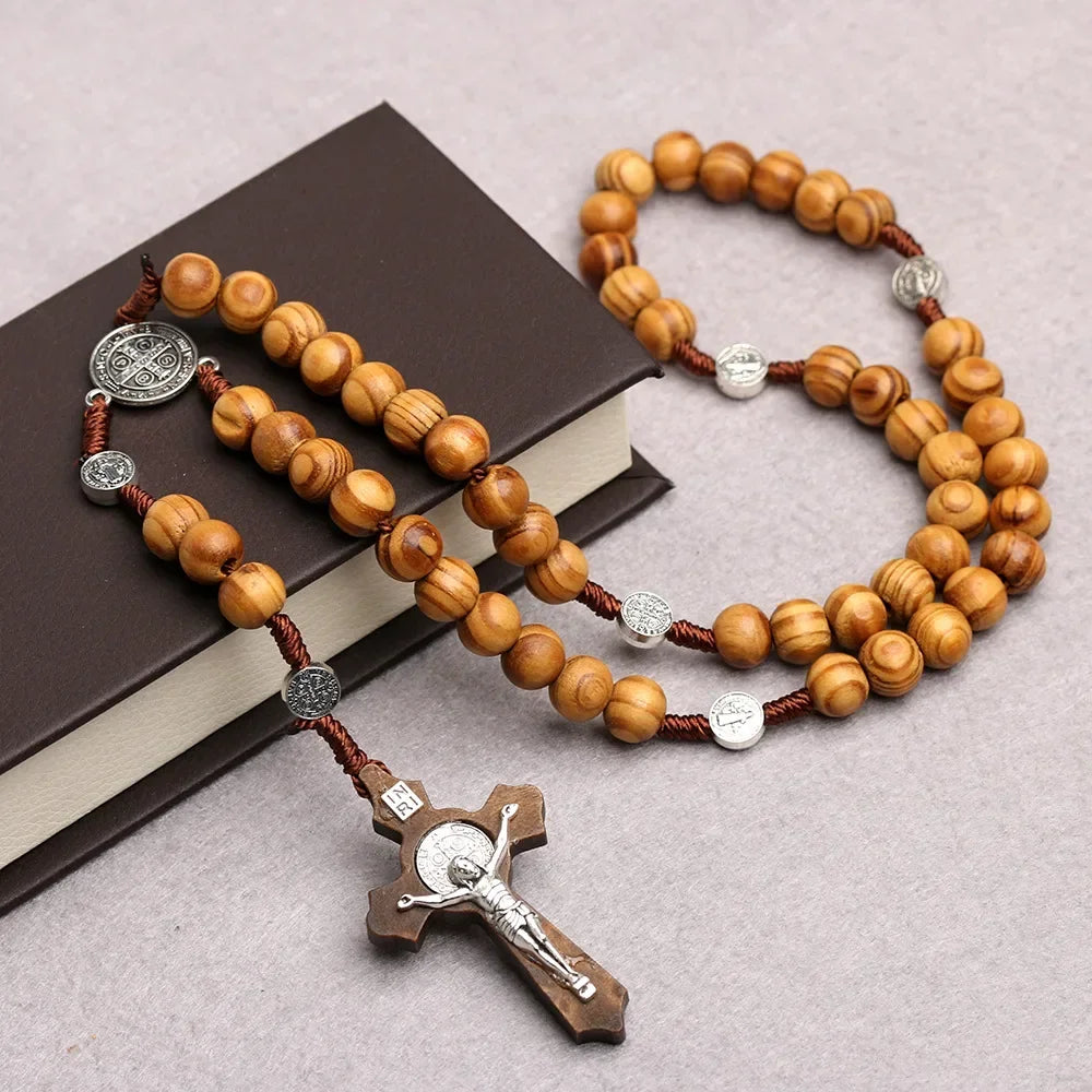 Catholic Wood Beaded Rosary Necklaces For Women Christian INRI Crucifix Cross Pendant Long Chain Men Religion Prayer Jewelry