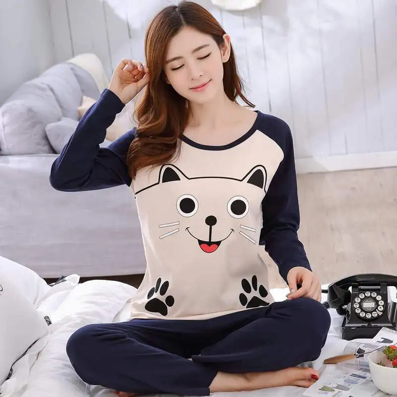 Conjunto de pijama fino de 2 piezas para mujer, camisetas de algodón 2024 con cuello redondo, conjuntos de pijamas para niña, ropa de dormir con forma de taza de té y gato, pijamas para mujer