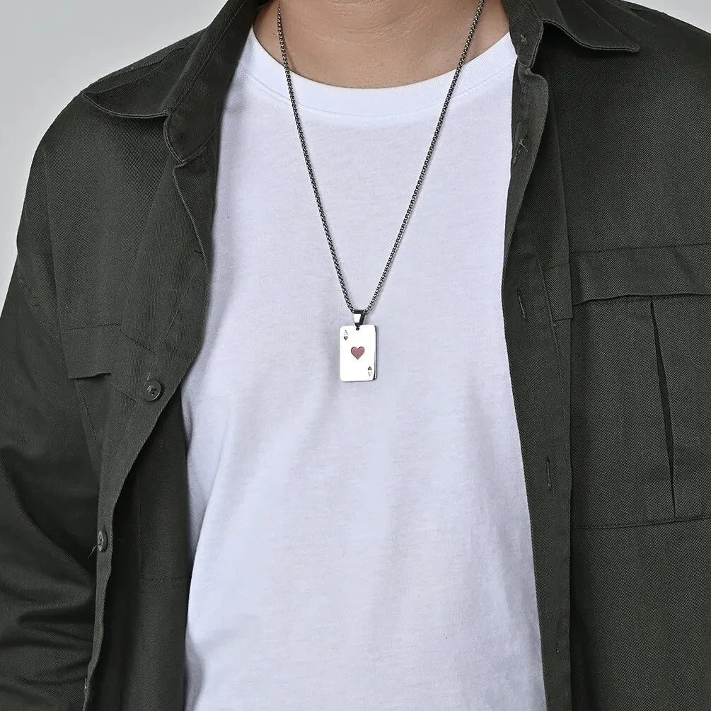 Men Statement Lucky Ace of Spades Pendant Necklace Red Heart Poker Ace Stainless Steel Long Chain Power Luck Triumph Jewelry