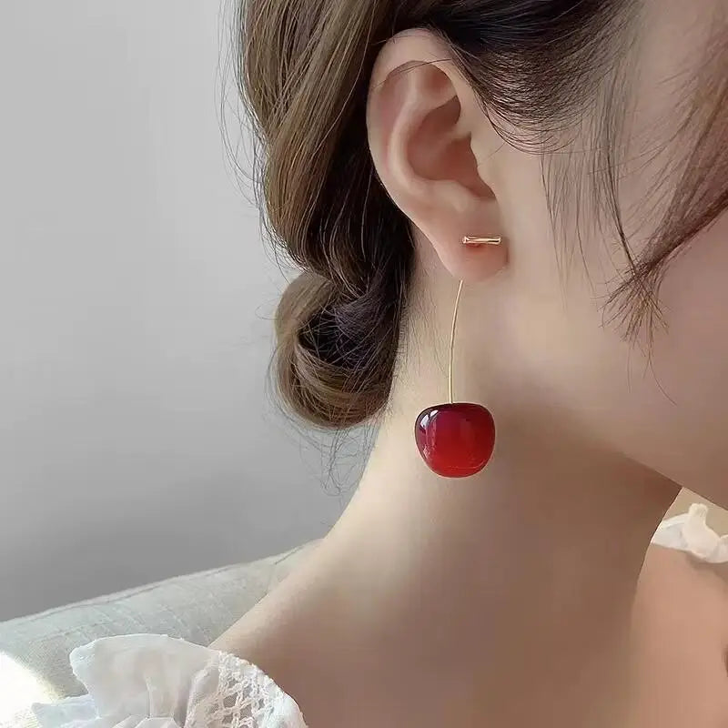 Hermosos pendientes de cereza roja dulce para mujer, delicados pendientes colgantes con diseño de fruta, joyería coreana para fiesta de boda